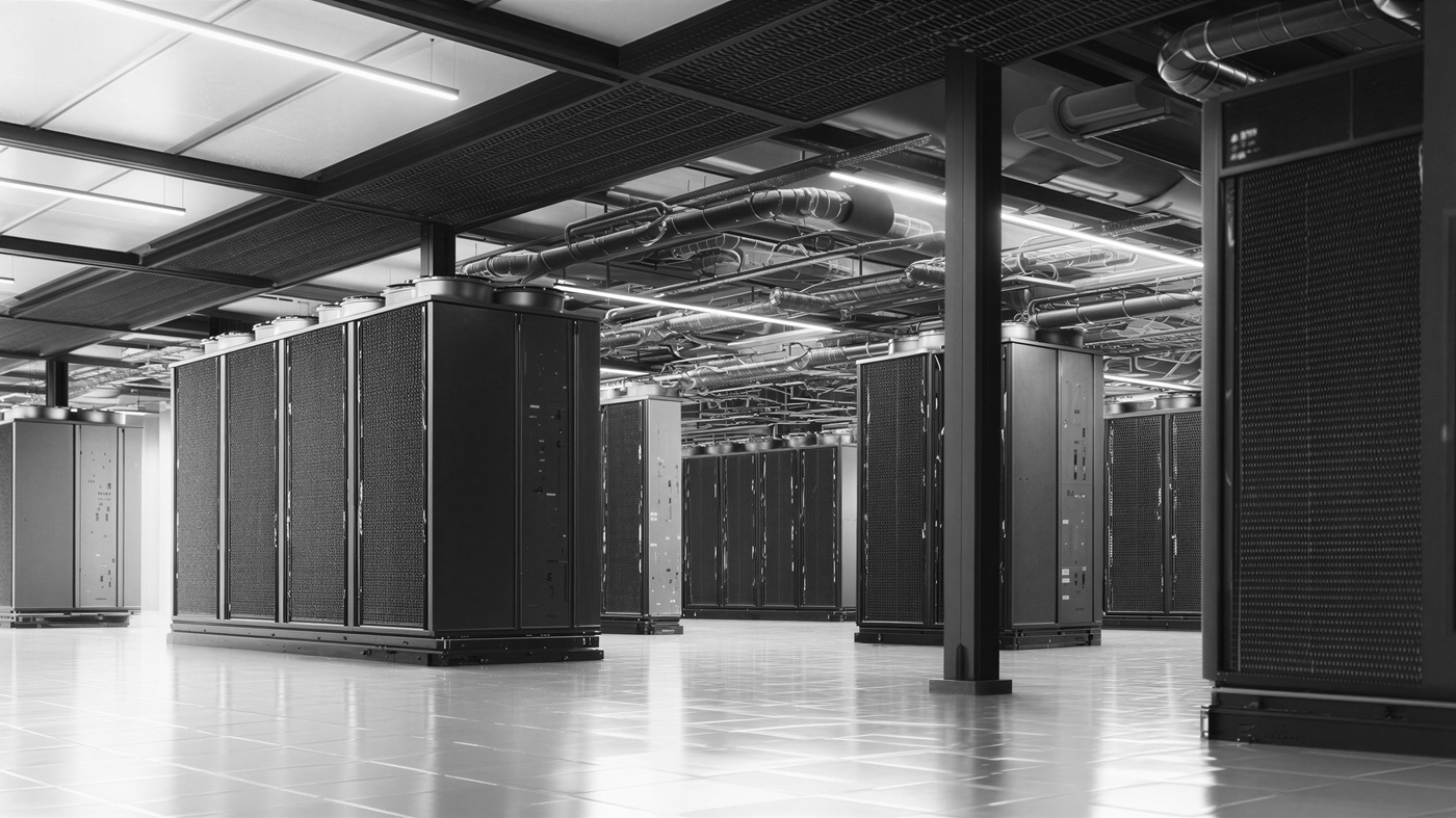 Rows of server cabinets in an exchange data centre